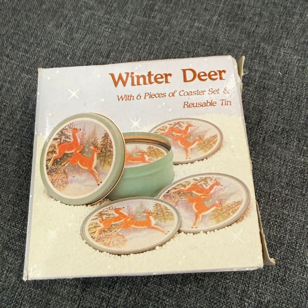 Vintage J.S.N.Y. 1970s Winter Deer Coaster Set Six with Tin and Box, Preloved